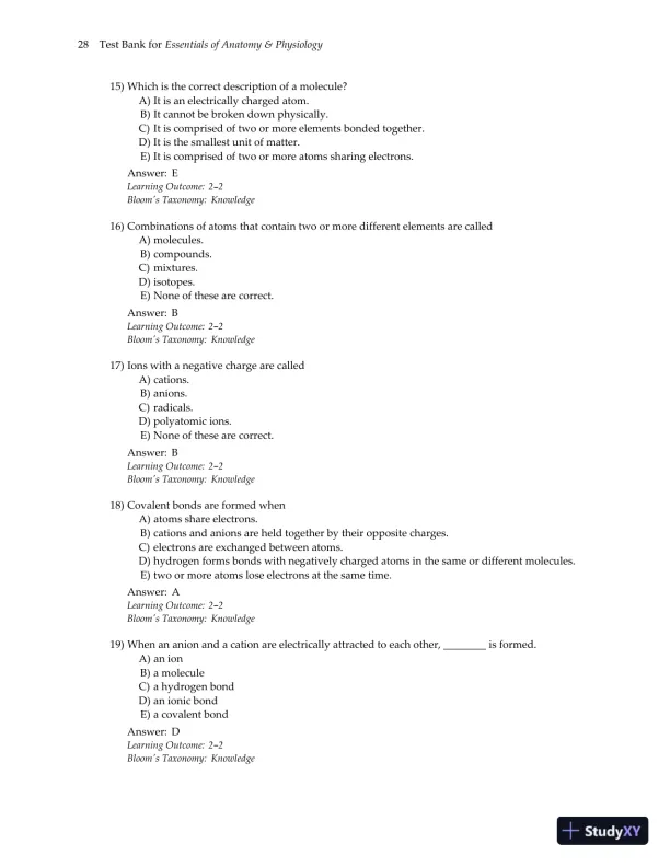Test Bank for Essentials of Anatomy and Physiology , 7th Edition - Page 31 preview image