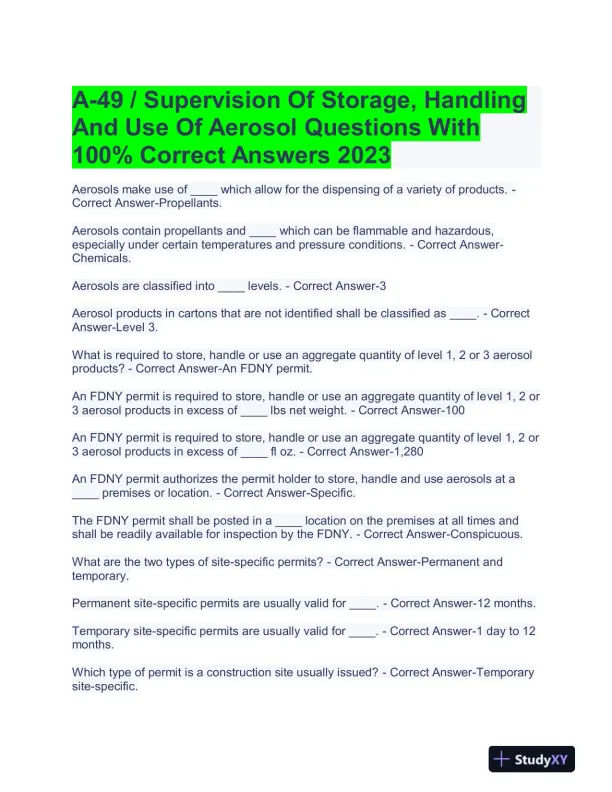 2023 A49 Others Supervision Of Storage Aerosol Exam With Answers (112 Solved Questions) - Page 1 preview image