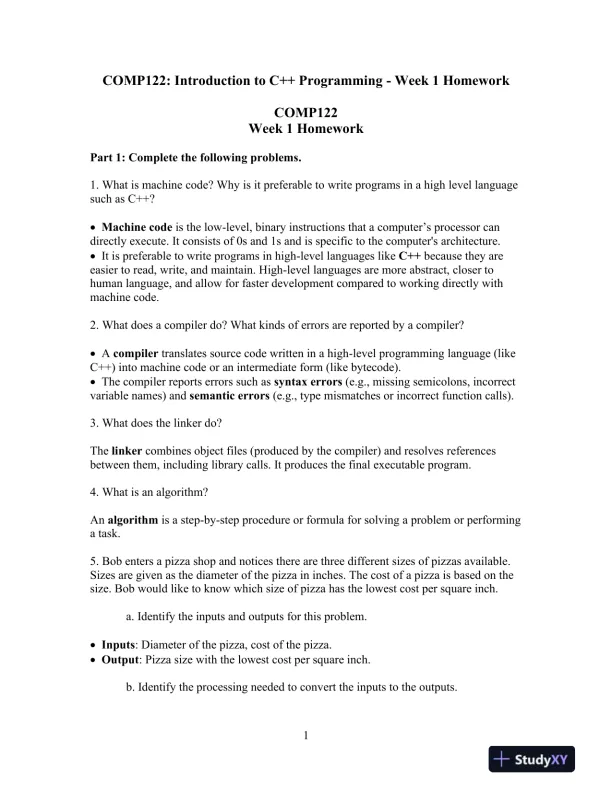 COMP122: Introduction to C++ Programming - Week 1 Homework - Page 1 preview image