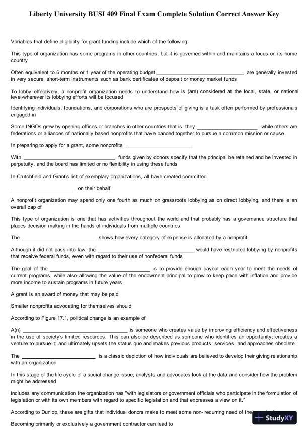 Liberty University BUSI 409 Final Exam Complete Solution Correct Answer Key - Page 1 preview image