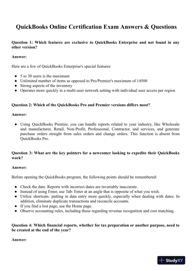 QuickBooks Accounts Certification Exam With Answers (163 Solved Questions) - Page 1 preview image