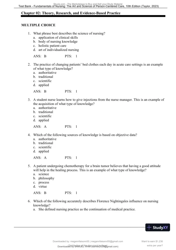 Test Bank for Fundamentals of Nursing: The Art and Science of Person-Centered Care, 10th North American Edition (Chapters 1-47) - Page 11 preview image
