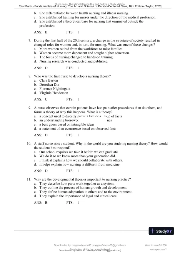 Test Bank for Fundamentals of Nursing: The Art and Science of Person-Centered Care, 10th North American Edition (Chapters 1-47) - Page 12 preview image
