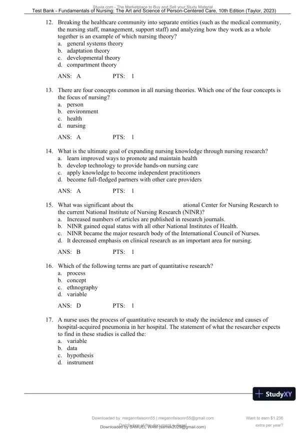 Test Bank for Fundamentals of Nursing: The Art and Science of Person-Centered Care, 10th North American Edition (Chapters 1-47) - Page 13 preview image