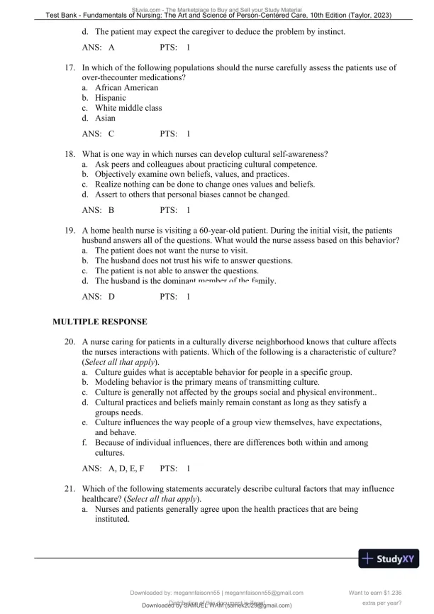 Test Bank for Fundamentals of Nursing: The Art and Science of Person-Centered Care, 10th North American Edition (Chapters 1-47) - Page 30 preview image