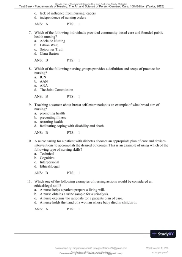 Test Bank for Fundamentals of Nursing: The Art and Science of Person-Centered Care, 10th North American Edition (Chapters 1-47) - Page 6 preview image
