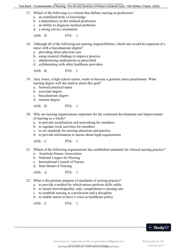 Test Bank for Fundamentals of Nursing: The Art and Science of Person-Centered Care, 10th North American Edition (Chapters 1-47) - Page 8 preview image