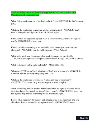 2024 Auburn Others Pre-Solo Aeronautical Knowledge Test Exam With Answers (32 Solved Questions) - Page 1 preview image