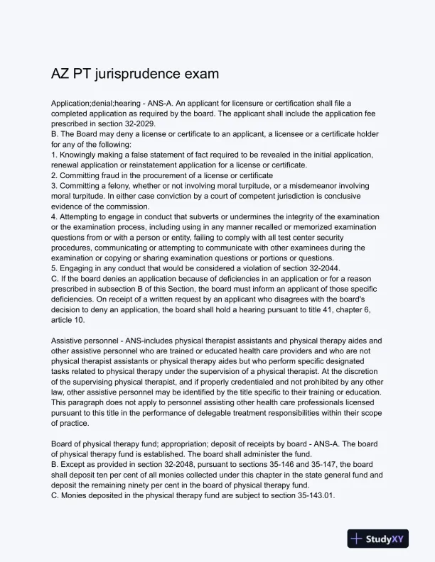 AZ PT Law Jurisprudence Exam With Answers (39 Solved Questions) - Page 1 preview image