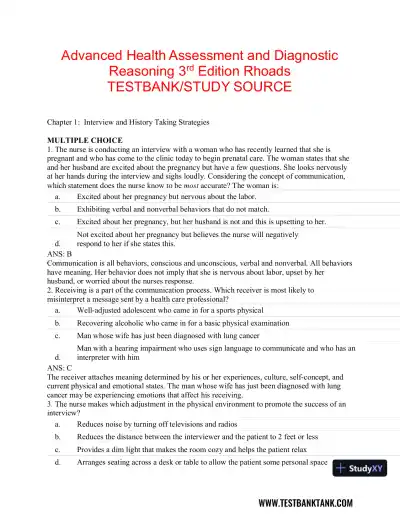 Advanced Health Assessment and Diagnostic Reasoning, 3rd Edition Test Bank - Page 1 preview image