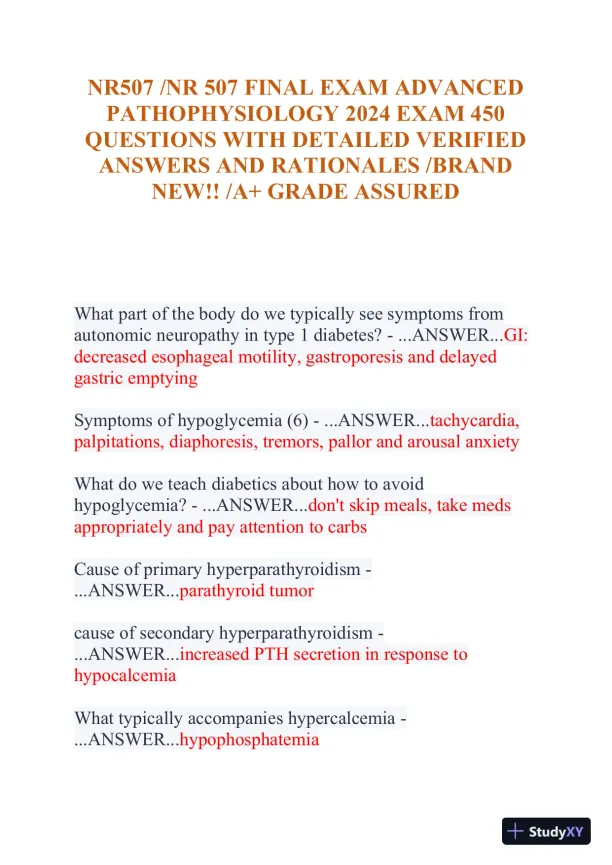 2024 NR507 Pathophysiology Final Exam With Answers (356 Solved Questions) - Page 1 preview image