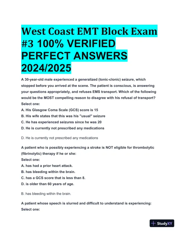 2024-2025 West Coast EMT Block Exam #3 with Answers (183 Solved Questions) - Page 1 preview image