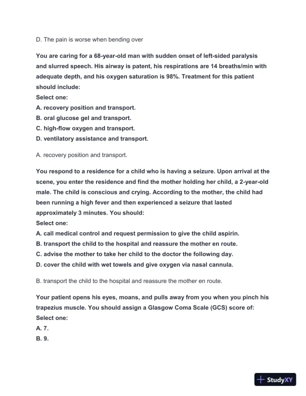 2024-2025 West Coast EMT Block Exam #3 with Answers (183 Solved Questions) - Page 7 preview image
