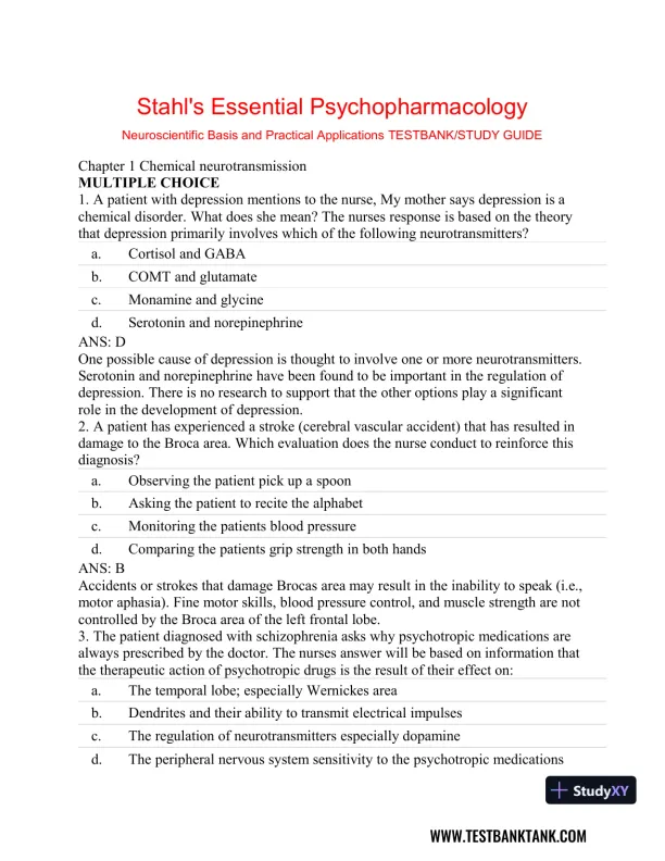 Stahl's Essential Psychopharmacology: Neuroscientific Basis and Practical Applications 4th Edition Test Bank - Page 1 preview image