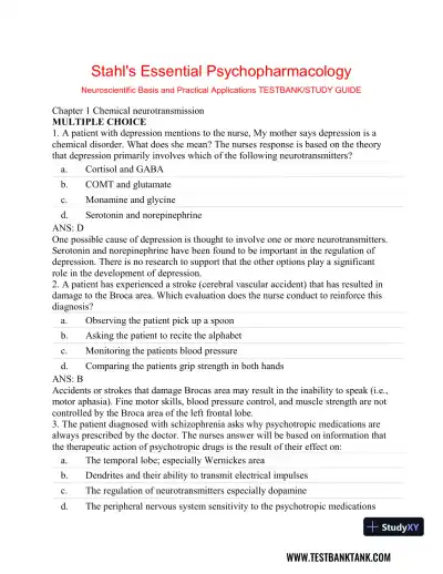 Stahl's Essential Psychopharmacology: Neuroscientific Basis and Practical Applications 4th Edition Test Bank - Page 1 preview image
