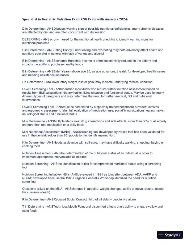 2024 Specialist in Geriatric Nutrition CSG Exam with Answers (1343 Solved Questions) - Page 1 preview image
