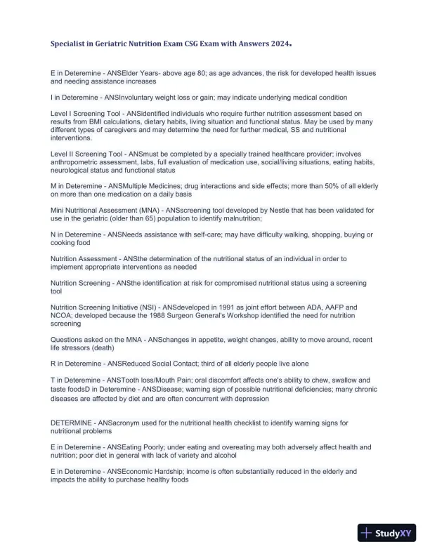 2024 Specialist in Geriatric Nutrition CSG Exam with Answers (1343 Solved Questions) - Page 10 preview image