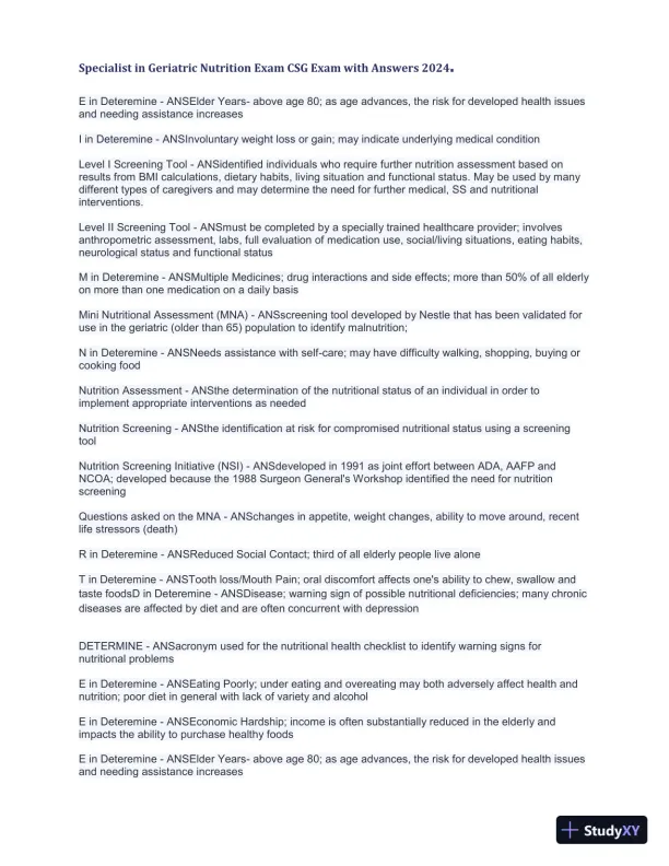 2024 Specialist in Geriatric Nutrition CSG Exam with Answers (1343 Solved Questions) - Page 11 preview image