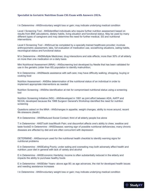 2024 Specialist in Geriatric Nutrition CSG Exam with Answers (1343 Solved Questions) - Page 12 preview image