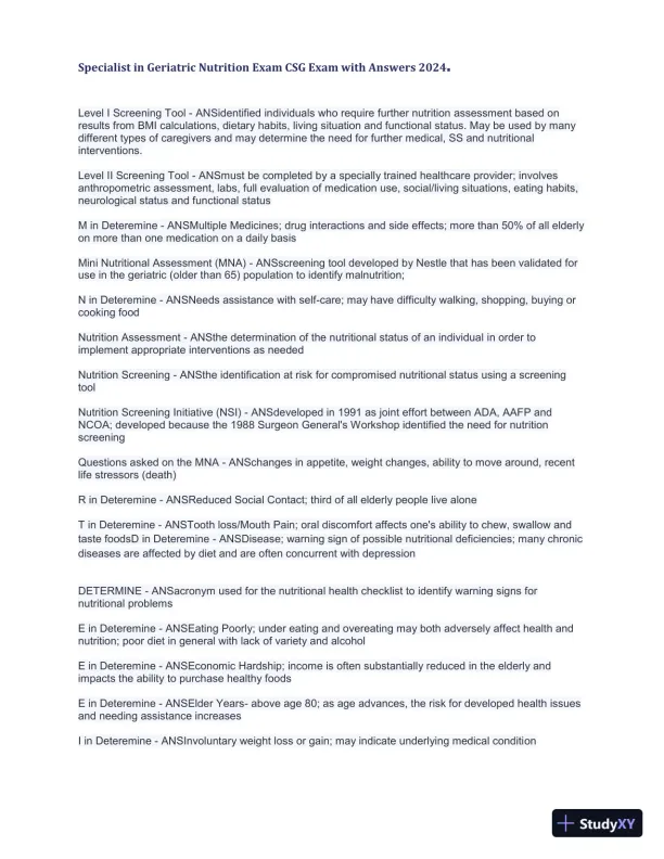2024 Specialist in Geriatric Nutrition CSG Exam with Answers (1343 Solved Questions) - Page 13 preview image