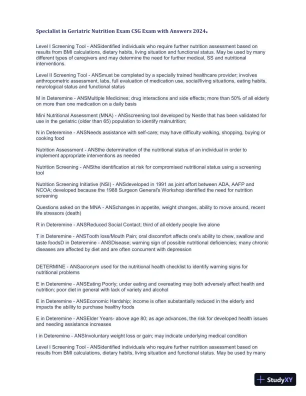 2024 Specialist in Geriatric Nutrition CSG Exam with Answers (1343 Solved Questions) - Page 14 preview image