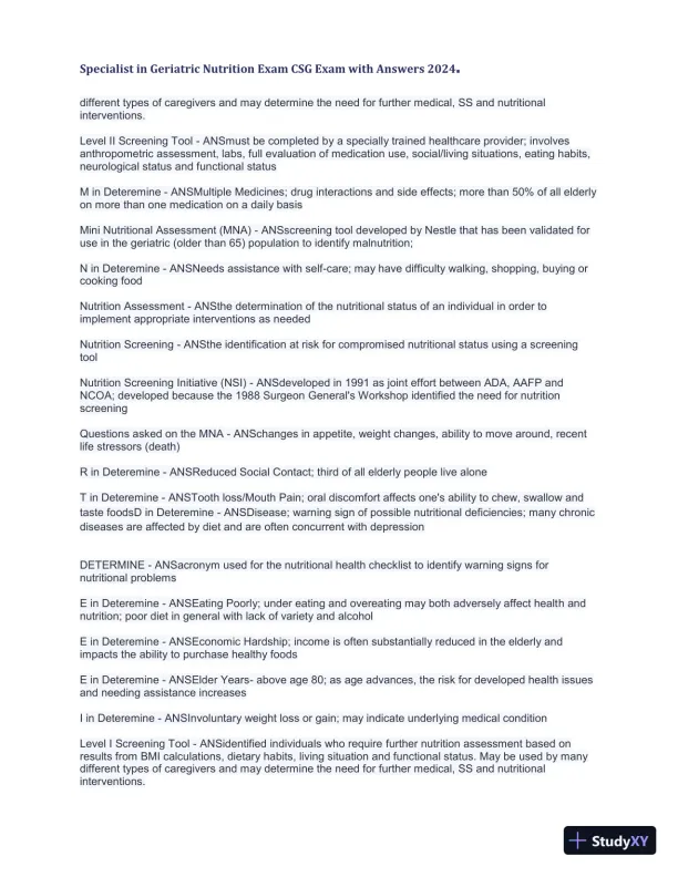 2024 Specialist in Geriatric Nutrition CSG Exam with Answers (1343 Solved Questions) - Page 15 preview image