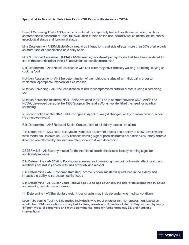 2024 Specialist in Geriatric Nutrition CSG Exam with Answers (1343 Solved Questions) - Page 16 preview image