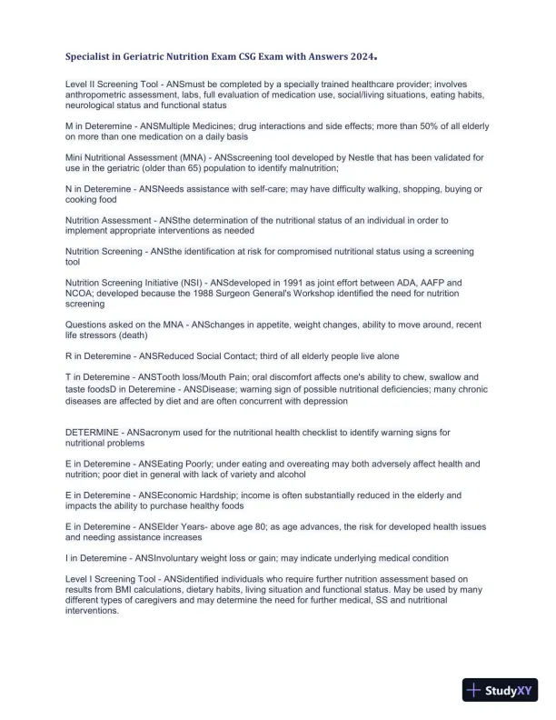 2024 Specialist in Geriatric Nutrition CSG Exam with Answers (1343 Solved Questions) - Page 17 preview image
