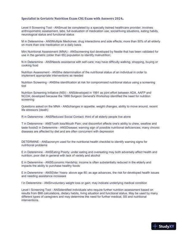2024 Specialist in Geriatric Nutrition CSG Exam with Answers (1343 Solved Questions) - Page 18 preview image