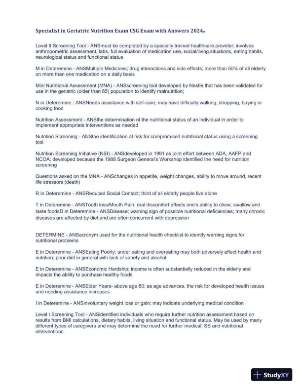 2024 Specialist in Geriatric Nutrition CSG Exam with Answers (1343 Solved Questions) - Page 19 preview image