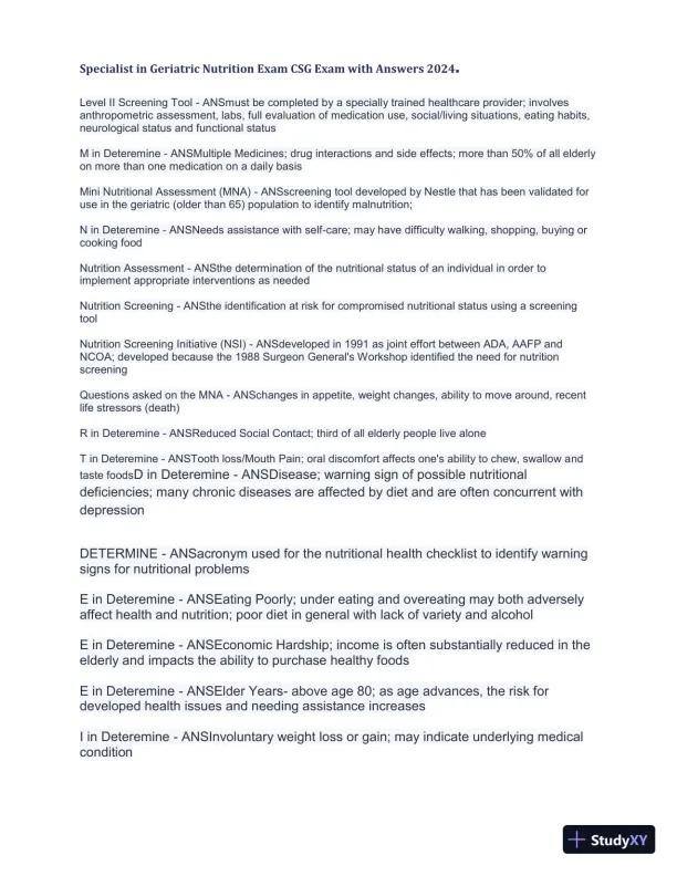 2024 Specialist in Geriatric Nutrition CSG Exam with Answers (1343 Solved Questions) - Page 21 preview image