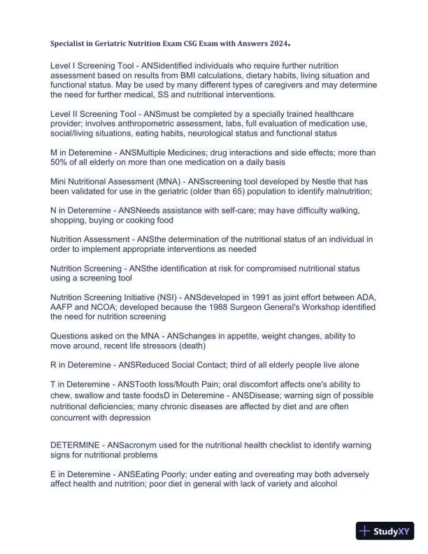2024 Specialist in Geriatric Nutrition CSG Exam with Answers (1343 Solved Questions) - Page 22 preview image