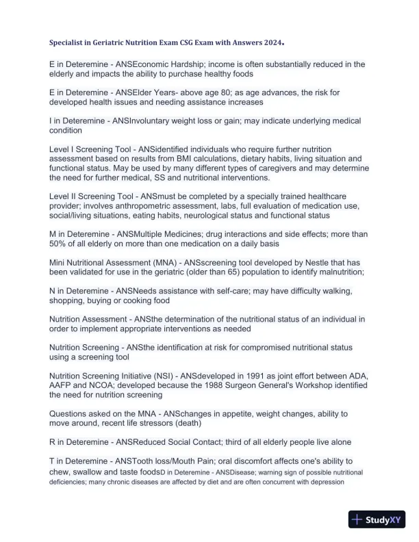 2024 Specialist in Geriatric Nutrition CSG Exam with Answers (1343 Solved Questions) - Page 23 preview image