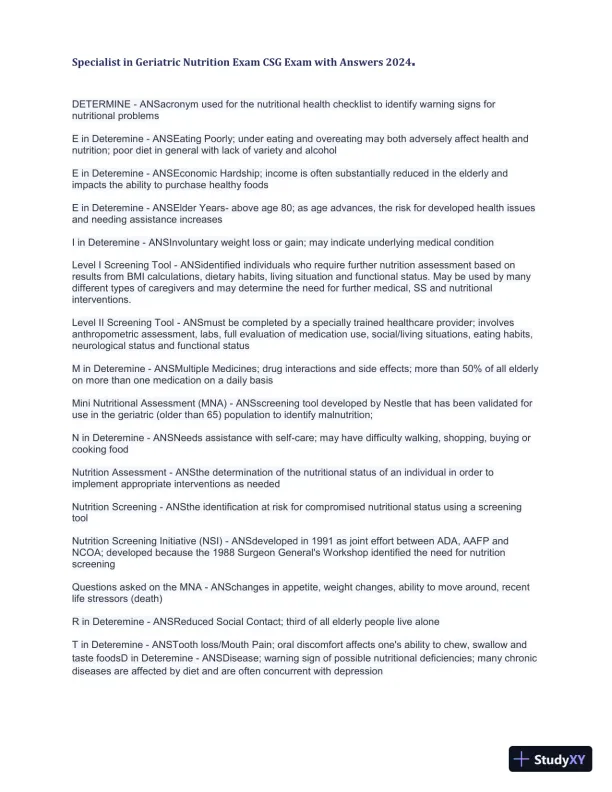 2024 Specialist in Geriatric Nutrition CSG Exam with Answers (1343 Solved Questions) - Page 24 preview image