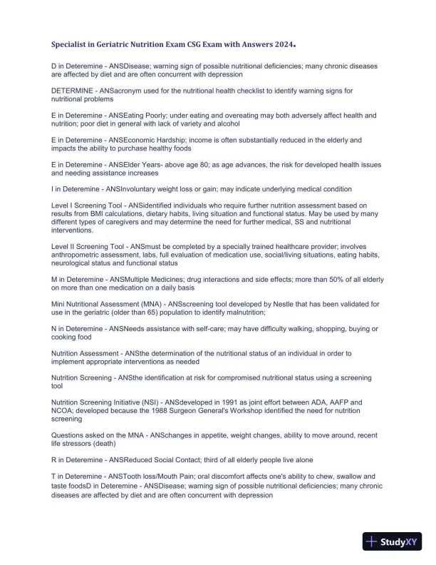 2024 Specialist in Geriatric Nutrition CSG Exam with Answers (1343 Solved Questions) - Page 3 preview image
