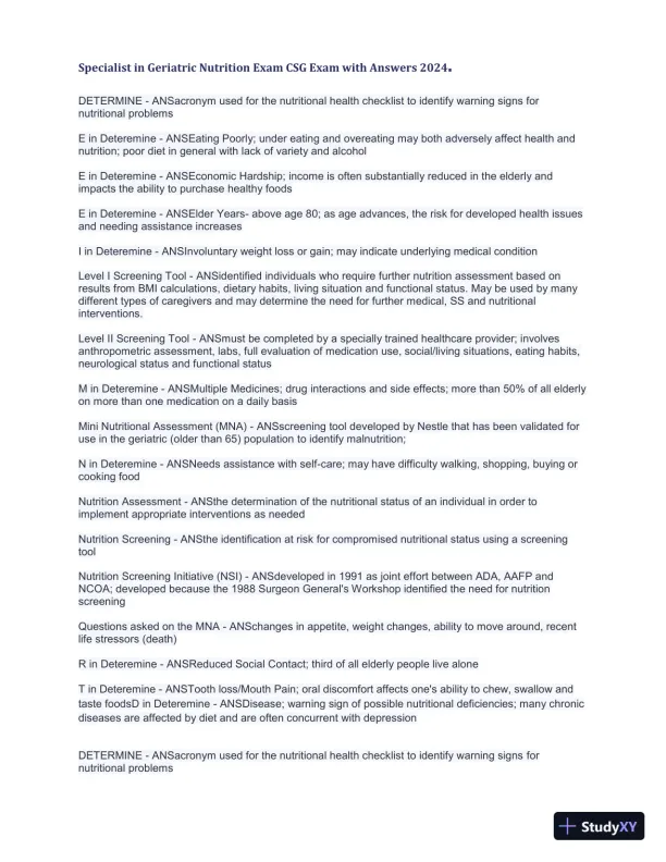 2024 Specialist in Geriatric Nutrition CSG Exam with Answers (1343 Solved Questions) - Page 5 preview image