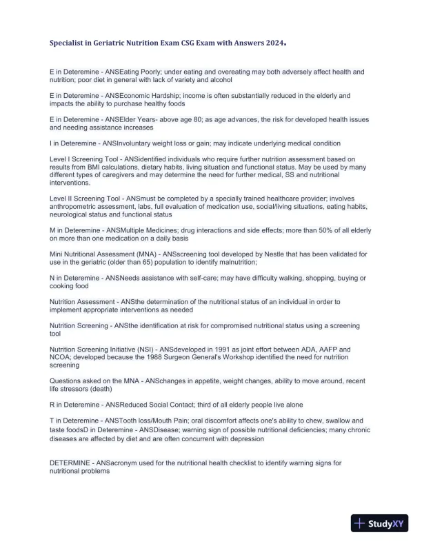 2024 Specialist in Geriatric Nutrition CSG Exam with Answers (1343 Solved Questions) - Page 6 preview image