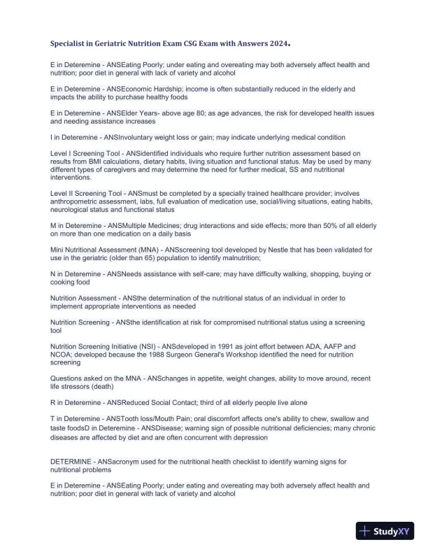2024 Specialist in Geriatric Nutrition CSG Exam with Answers (1343 Solved Questions) - Page 7 preview image