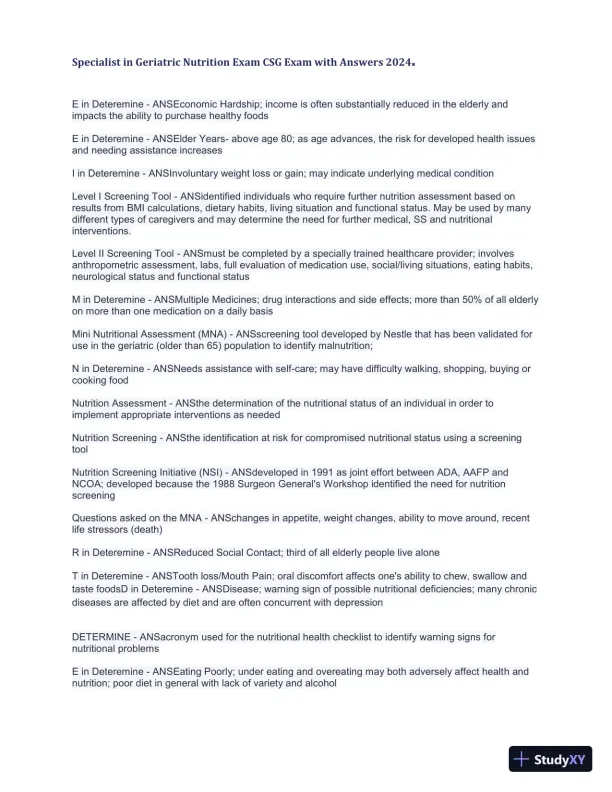 2024 Specialist in Geriatric Nutrition CSG Exam with Answers (1343 Solved Questions) - Page 8 preview image