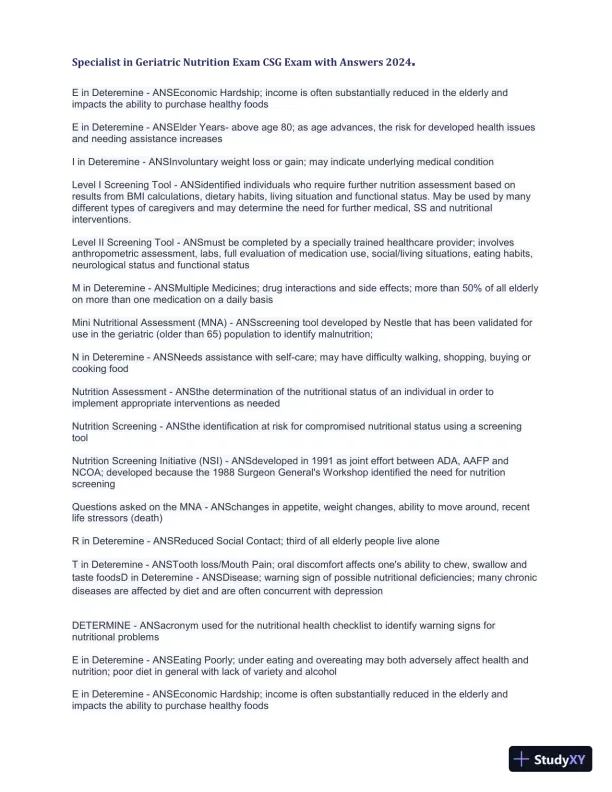 2024 Specialist in Geriatric Nutrition CSG Exam with Answers (1343 Solved Questions) - Page 9 preview image