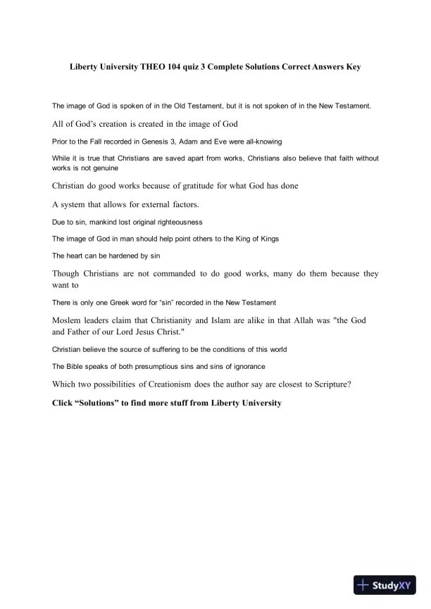 Liberty University THEO 104 Quiz 3 Complete Solutions Correct Answers Key - Page 1 preview image