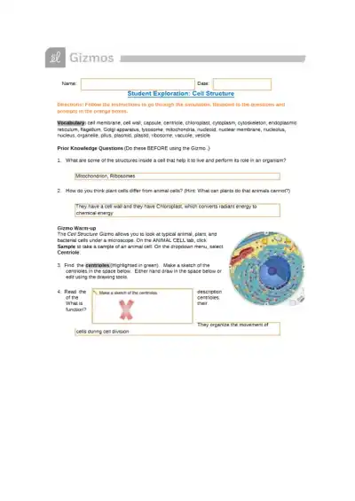 Cell structure gizmo student exploration - Page 1 preview image