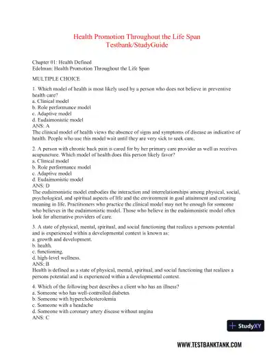 Health Promotion Throughout the Life Span 9th Edition Test Bank - Page 1 preview image