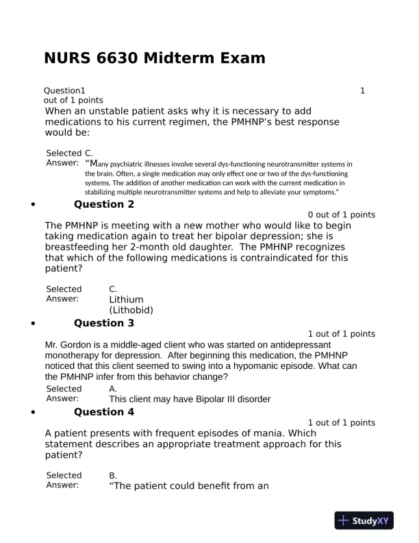 2021 NURS6630 Walden University Psychopharmacologic Midterm Exam With Answers (76 Solved Questions) - Page 1 preview image