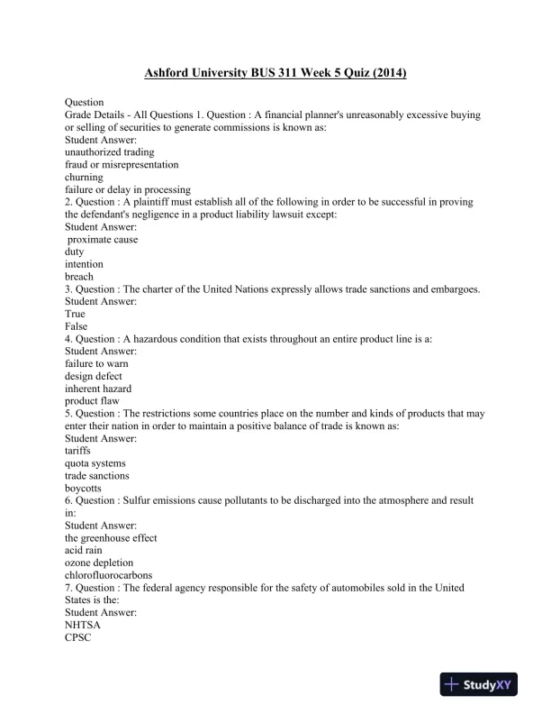 BUS 311 Week 5 Quiz (2014) Ashford University - Page 1 preview image