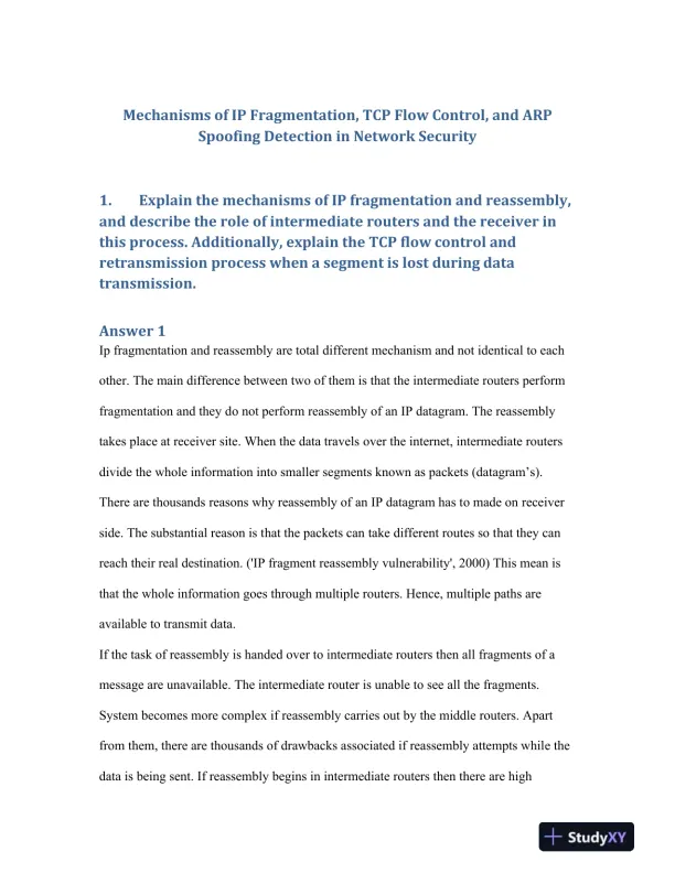 Mechanisms of IP Fragmentation, TCP Flow Control, and ARP Spoofing Detection in Network Security - Page 1 preview image