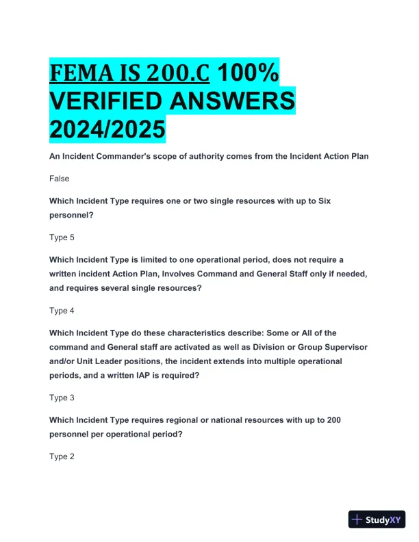 2024-2025 FEMA IS 200.C Practice Exam with Answers (39 Solved Questions) - Page 1 preview image