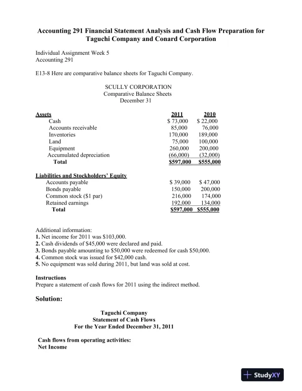 Accounting 291 Financial Statement Analysis and Cash Flow Preparation for Taguchi Company and Conard Corporation - Page 1 preview image