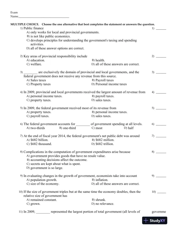 Public Finance in Canada 5th Edition Test Bank - Page 1 preview image