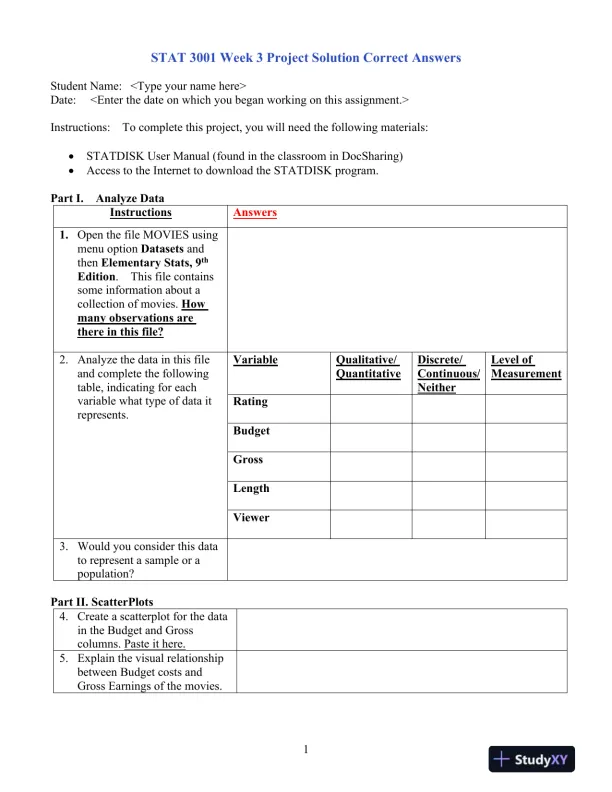 STAT 3001 Week 3 Project Solution Correct Answers - Page 1 preview image
